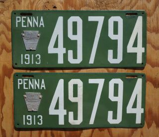 1913 Pennsylvania Porcelain License Plate Pair / Set - Palindrome 49794