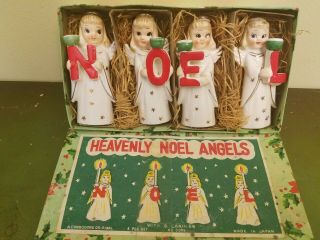 Vtg Commodore Xmas Heavenly Angel Girls Noel Candle Holders Set Japan W/box
