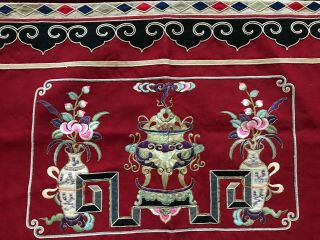Antique Chinese Red Wool Hand Embroidered with Flowers pots and incense burner 2