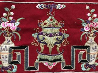 Antique Chinese Red Wool Hand Embroidered with Flowers pots and incense burner 3