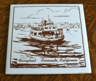 Vintage California,  Coronado Island Ferryboat Tile,  C.  De Haaff Artwork