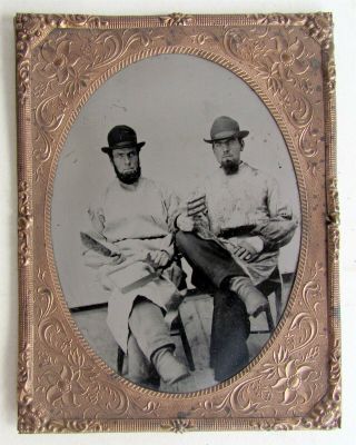 Antique Tin Type Photo Men W/ Large Knife Civil War Era Butchers? Tintype