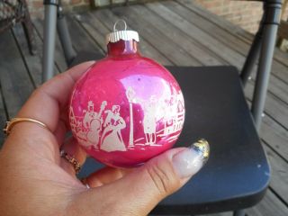Vintage Glass Christmas Ornament Pink With White Carolers