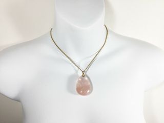 Vintage Lg Rose Quartz Pendant Teardrop Pear Necklace Yellow Gold Plated Chain 3