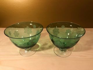 Set Of 2 Vintage Green Glass Footed Compote Bowls Snowflake Pattern Christmas 7 "