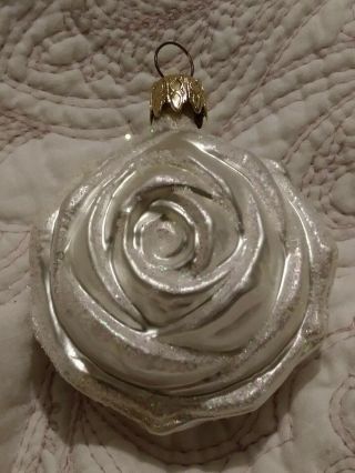 Vintage West German White Rose Blown Glass Christmas Ornament 3 " 2