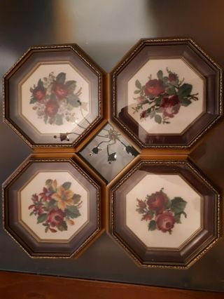 Set 4 Vintage Petite Needle Point Rose Picture W Frame Wall Art Tapestry