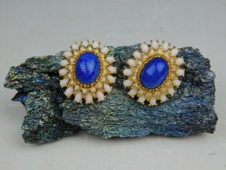 Vintage Panetta Lapis Faux Sapphire Rhinestone Gold Accents Clip On Earrings