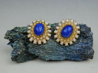 Vintage Panetta Lapis Faux Sapphire Rhinestone Gold Accents Clip On Earrings 2