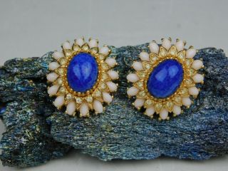 Vintage Panetta Lapis Faux Sapphire Rhinestone Gold Accents Clip On Earrings 3