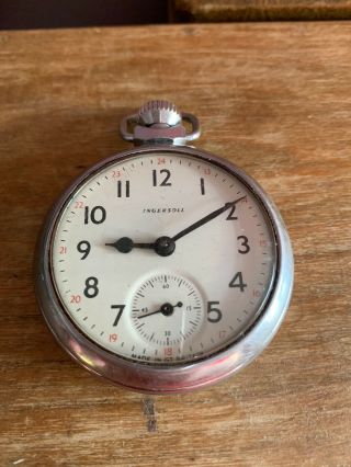Vintage Chrome Cased Ingersoll Pocket Watch Ticking Made In Gt Britain