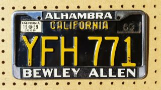 Vintage Chrome Metal License Plate Frame Bewley Allen Cadillac Alhambra Ca