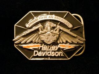 Vintage 1990 Harley Davidson Belt Buckle,  Proud To Be An American Enamel Eagle