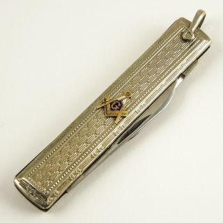 Antique Esemco 10k White Gold Pocket Pen Knife W/ Masonic Symbol - - C.  1915