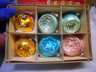 6 Vintage Christmas Glass Ornaments W.  Germany Indents Pink,  Aqua,  Teal,  Gold Ob