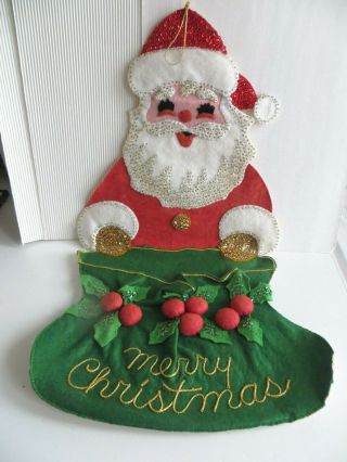 Vintage Old Handmade Santa Christmas Card Holder Felt Sequins Finished 21.  5 "