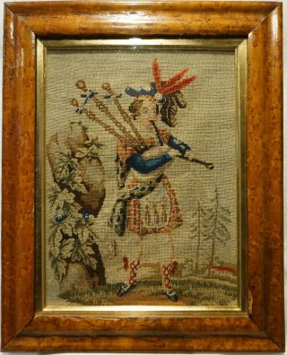 Small Mid/late 19th Century Needlepoint Of A Scottish Bagpiper - C.  1870