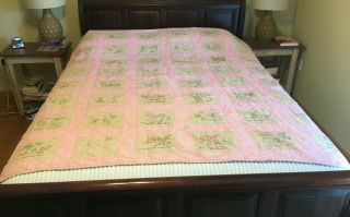 Vintage Cotton Quilt 48 State Flowers Embroidered Coverlet 69.  5x73.  5 Pink Pre50s