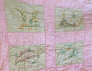 Vintage Cotton Quilt 48 State Flowers EMBROIDERED Coverlet 69.  5x73.  5 Pink Pre50s 2