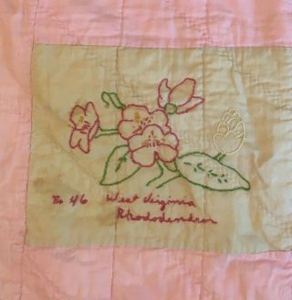 Vintage Cotton Quilt 48 State Flowers EMBROIDERED Coverlet 69.  5x73.  5 Pink Pre50s 3