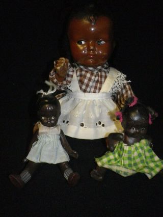 3 Vintage Black Bisque & Composition Jointed Baby Dolls