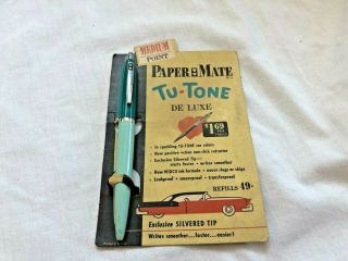 Vtg Nos Papermate Pen Tu - Tone Deluxe Turquoise Car Color Paper Mate 1950s 2 Tone