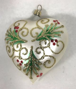 Vintage German Glass Ornament White & Gold W Holly Berries Christmas Trees Heart