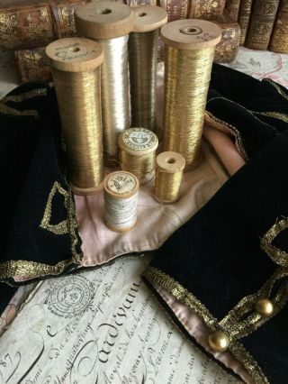 7 Fabulous Antique French Wooden Rolls Spools Gold Silver Metallic Thread Ribbon