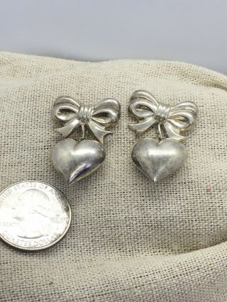 Vtg Sterling Silver Heart Bow Dangle Earrings 8g 5 - 22