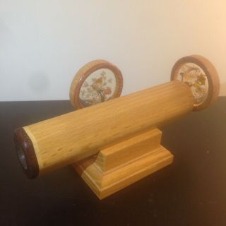 Vintage 1995 Handmade Wood Kaleidoscope 6 " With Holder And Two Wheels Signed