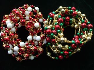 Vintage Christmas Tree Garland Plastic Round Beads Filigree Caps Red Green Gold
