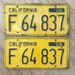 1956 California Truck License Plate Pair F 64 837 Yom Dmv Clear Ford F100 Chevy