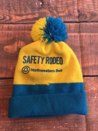 Vtg Northwestern Bell Telephone Pom Beanie Stocking Cap Winter Hat Safety Rodeo