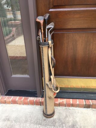 Antique Wood Shaft Scottish Golf Clubs And Canvas Bag Man Cave Christmas Gift