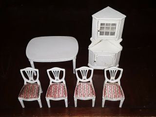 VINTAGE LUNDBY DOLLHOUSE DINING ROOM TABLE AND CHAIRS WITH MATCHING HUTCH 2