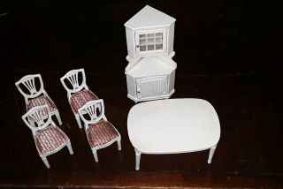VINTAGE LUNDBY DOLLHOUSE DINING ROOM TABLE AND CHAIRS WITH MATCHING HUTCH 3