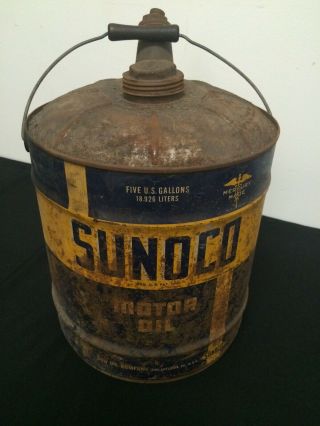 Vintage Sunoco 5 Gallon Motor Oil Can W/ Caps & Wood Handle