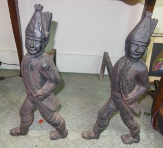 Antique Hessian Soldiers Andirons From Cast Iron With Support Legs