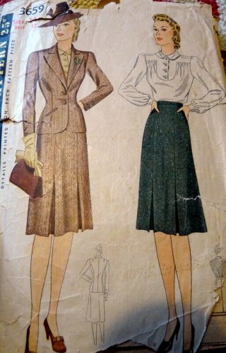 Lovely Vtg 1940s Suit & Blouse Sewing Pattern 14/32