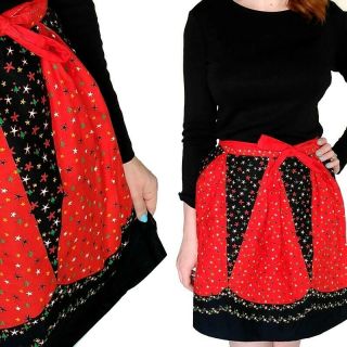 Vtg Kitsch Handmade Christmas Skirt Apron Red & Black 50s Mid Century Holiday