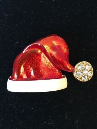 Vintage Christmas Santa Hat Pin Brooch Multi Color Rhinestone Enamel Gold Tone