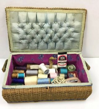 Vintage Wicker Sewing/knitting Basket & Bag W/ Thread And Scissors