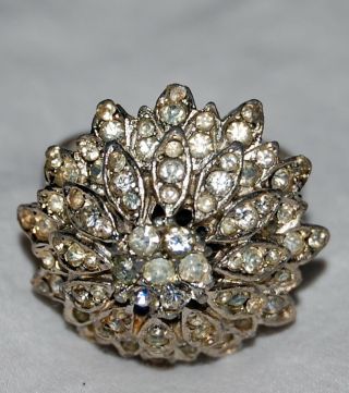 Vintage Rhinestone Cluster Womens Ring Silver Tone Metal 8 Floral Burst Jewelry