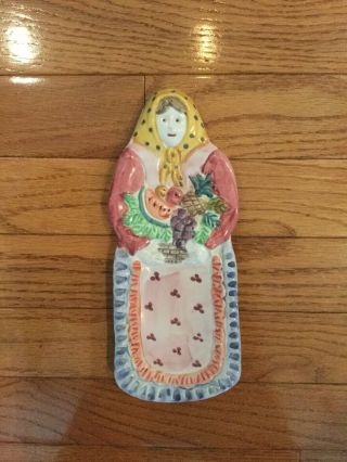 Vtg Spoon Rest Ceramic Woman With Basket 9” Made In Italy Kitchen Collectible