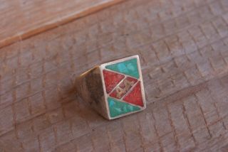 Vintage Large Aa Sterling & Turquoise & Other Stones Inlay Ring Men 