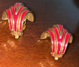 Vintage 80’s P.  E.  P.  Runway Style Red Enamel Clip Earrings Jewelry 3