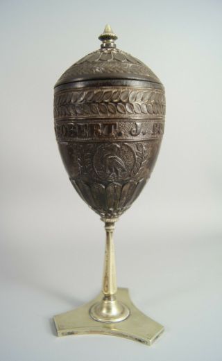 Fine Antique 19c Scottish White Metal / Silver Plate & Carved Coconut Cup Treen