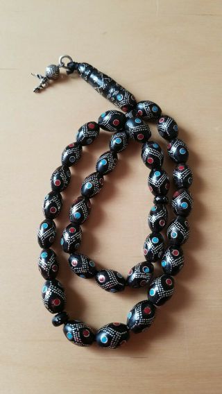 Antique Black Coral Rosary Prayer Beads Hand Inlaid Silver And Red Coral يسر