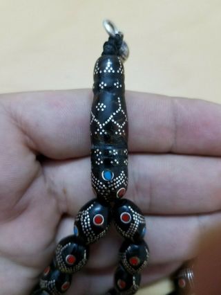 Antique Black Coral Rosary Prayer Beads Hand Inlaid Silver and red coral يسر 2