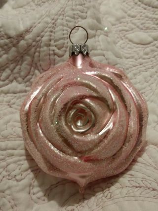 Vintage West German Pink Rose Blown Glass Christmas Ornament 3 " 2